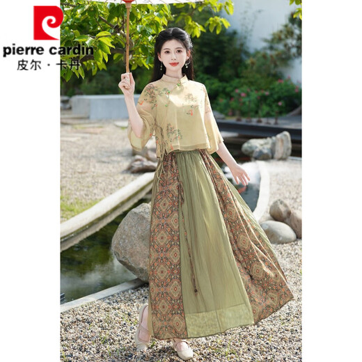 
Pier Cardin summer new Chinese style oriental classical Chinese style jacquard slanted lace temperament stand collar button top spliced ​​skirt suit 1043 green + 12161 brown S