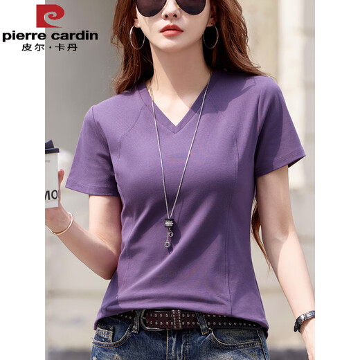 Camiseta de algodón puro Pier Cardin en V para el diseño de algodón de manga corta para mujeres, camisa base plisada de hombros, nuevo estilo de verano, delgado y de moda a media manga 6626 Púrpura de frambuesa (estilo de hueso de pescado) 3xl recomendado 135-150Jin [Jin equivale a 0.5 kg]