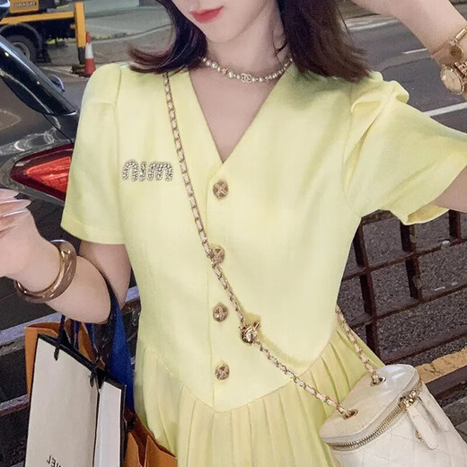 Frauen 2025 Sommer neuer Stil Französischer Design Sinn für kleine Menschen Taille Hugging Slim Princess Kleid D1478 Yellow 2xl [130-145jin [Jin gleich 0,5 kg]]]