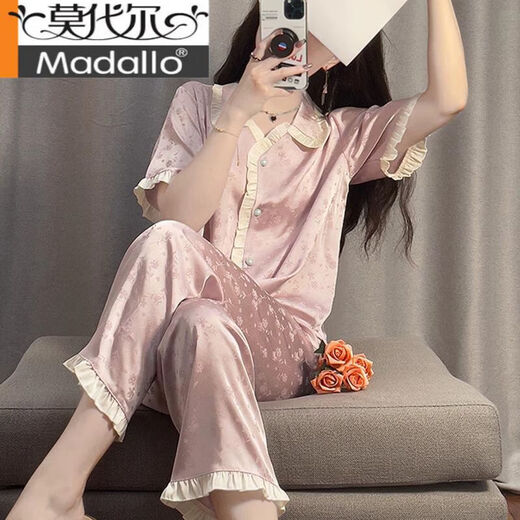 Modal Palace Style Pajamas for Women Summer Set Thin Cool Ice Silk Short Sleeve Trousers Purple Girl Jacquard Home Clothing YFY-9905 [Peach Short Sleeve Trousers] M [Suggested 80-100Jin [Jin equals 0.5 kg]]
