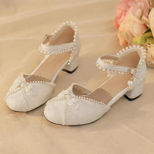 Chaomengcheng Hanfu Shoes Girls Chinese Style Sandals Summer Matching Skirt Horse Noodles Matching High Heels New Antique Children's Leather Shoes Beige Matches Hanfu Huge Good-looking Size 43
