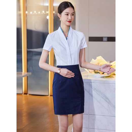 AJLD Flugbegleiter Interview Shirt V-Neck Blau kurzärmelig weibliche Temperament Stewardess Uniform Arbeitskleidung Karrierehirne Karriere Anzug KL9922 Langsalzes weißes Hemd 80jin [Jin entspricht 0,5 kg] ~ 89jin [Jin gleich 0,5 kg]