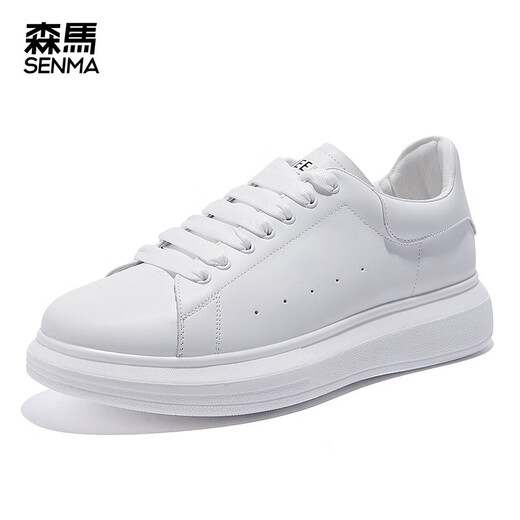 森馬（Senma）板鞋小白鞋男2025新款皮面纯色厚底休闲潮流透气男鞋百搭松糕 9227白黑色 38