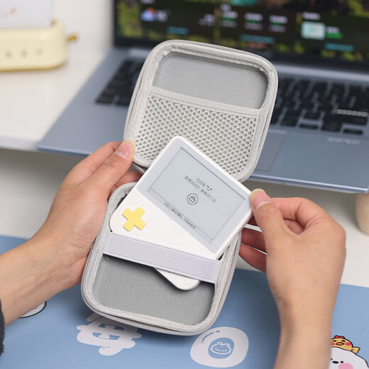 YWZR portable PU waterproof storage bag suitable for Baicizhan MAX word machine storage box large capacity with net pocket to hold data cable multi-purpose leather cushioning anti-fall portable gray storage box + purple lanyard + purple doll