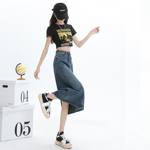 
Jean-Vis denim skirt for women 2025 summer new high-waisted slim slit a-line mid-length retro hip skirt for women 3878 retro blue S