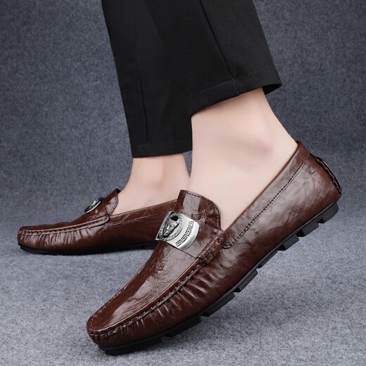 Belle 2025 crocodile pattern beanie shoes cross-border lazy driving shoes British casual men's leather shoes genuine leather cowhide 15888 black 38