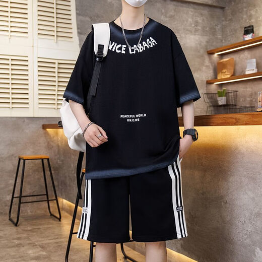 卡度顿青少年男孩短袖t恤夏季初高中学生休闲运动套装潮流帅气大童体恤 7027白色套装 M 建议80-100斤左右