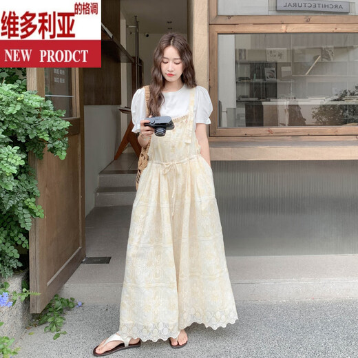 维多利亚的格调学院风刺绣收腰背带裤女2025年夏季新款设计感休闲宽松显瘦连衣裤 图片色 S