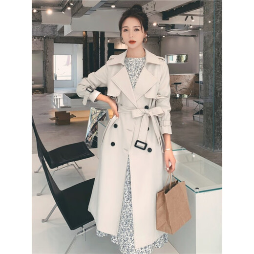 
AEMAPE high-end brand windbreaker jacket for women mid-length 2025 spring and autumn new slim and slim temperament British style coat off-white M (recommended 105-115Jin [Jin equals 0.5 kg])