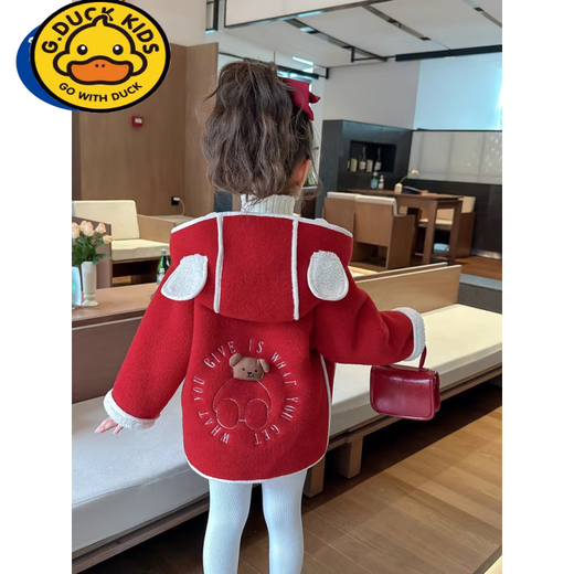 
G.DUCKKIDS Girls' Fleece Lamb Fur Jacket Autumn and Winter 2024 New Fashionable Children's Baby Girls' Fur Integrated Winter Clothes Red Bear Fleece Jacket 110 Recommended height below 100 3-4 years old