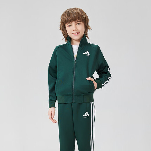 adidas autumn children's stand-up collar sports and casual jacket dark green/white 110