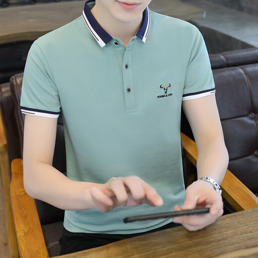 以纯 YISHION夏季纯棉翻领男士短袖polo衫潮流商务休闲百搭青年有带领子体恤衫 湖蓝色 QY673 M