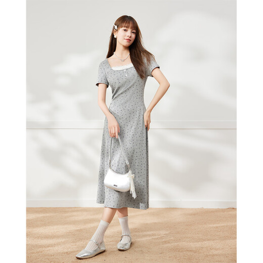 IEF/爱依服2025春夏新款蕾丝拼接时尚短袖连衣裙女甜美中长款裙子 满幅灰 L
