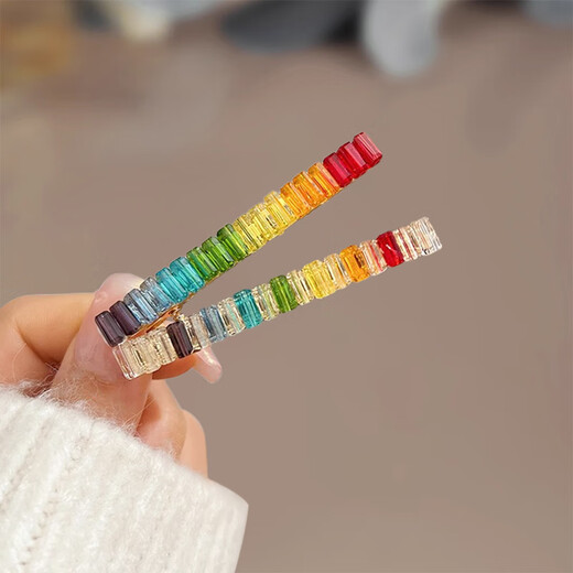 Xiangwan hair clips 2 pieces rainbow lucky crystal bangs clip simple forehead broken hair clip side one-word clip headdress
