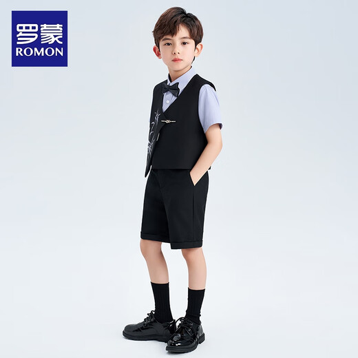 罗蒙男童西装套装钢琴演出服主持人新中式国风西服儿童礼服 黑色140
