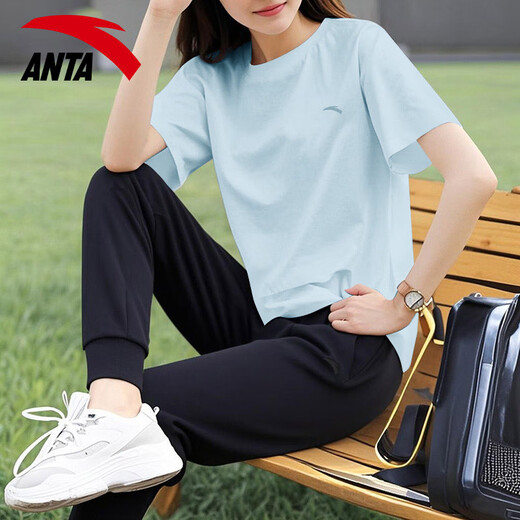 Anta-Sportanzug für Frauen 2025 Sommer Kurzärärmelte T-Shirt Atmungsfreie Hosen lässige Kleidung Fitnesskleidung Zweiteiler Set -6 Seidengrau Lila L/170