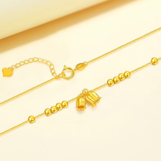 Mengjinyuan 18K gold necklace with lily of the valley and small gold beads set chain with color gold AU750 as a birthday gift for girlfriend. Weighs about 1.55g. Chain length is about 45cm.