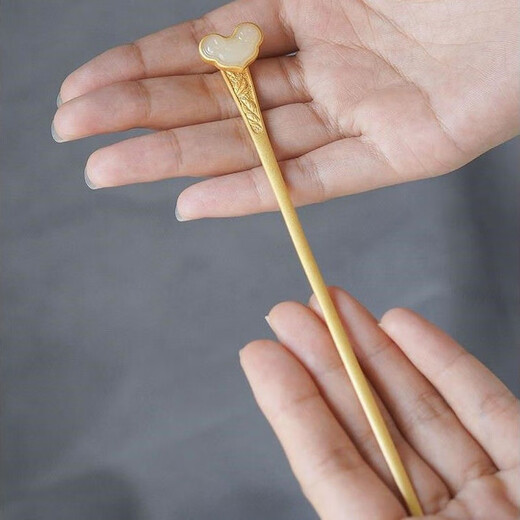 MHFDO Old Phoenix 999 Gold Inlaid Jade Chinese Style Ruyi Hairpin Female Ancient Style One-Word Hairpin Hairpin Full Blonde Gold Ruyi Hairpin
