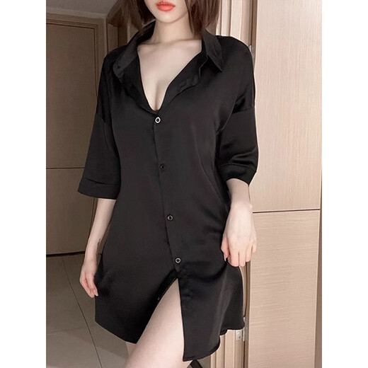 Ice silk shirt pajamas women's thin summer sexy lace hollow loose draped nightgown can be worn outside home clothes Black shirt + shorts bottom missing 6189 M Suitable for 100-120 Jin [Jin equals 0.5 kg]