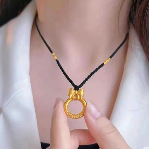 Yingtang Lao Phoenix 999 Gold Store Alluvial Gold Princess Bow Necklace Peace Buckle Pendant Imitation Gold Simulation Wedding Pendant Gold Beads Black Rope 60cm Lao Fengxiang Quality