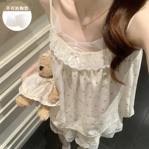 另约吊带睡衣女款夏季2025新款云朵棉带胸垫蕾丝花边可外穿家居服套装 B834 蕾丝小花 固定胸垫 XL