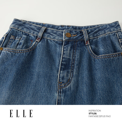 ELLE法式复古休闲牛仔裤女2025秋季新款高腰设计感纯棉显瘦直筒裤 牛仔蓝 L
