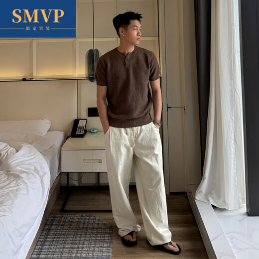 SMVP old money style polo shirt classy wear for men in summer one-button Henry collar short-sleeved T-shirt right shoulder half sleeve brown 2XL recommended 145-160Jin Jin equals 0.5 kg