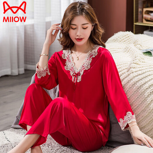 Catman Großgröße Pyjamas für Frauen im Sommer dünne lange Ärmel Lange Hosen koreanische Eisseide Pyjamas Zweiköpfige sexy Heimkleidung Langarm 9856 mittelrosa Abdeckung M [70-100jin [Jin gleich 0,5 kg]]