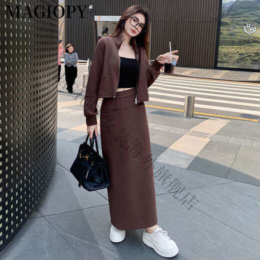 MAGIOPY国际奢侈高档品牌美拉德休闲运动套裙女2025春季韩版气质短款外套 咖色两件套 S(100斤以内)