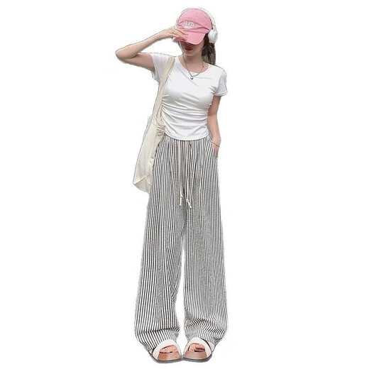 条纹冰丝阔腿裤女夏季薄款高腰垂感直筒拖地休闲遛弯裤子 藏青 XL