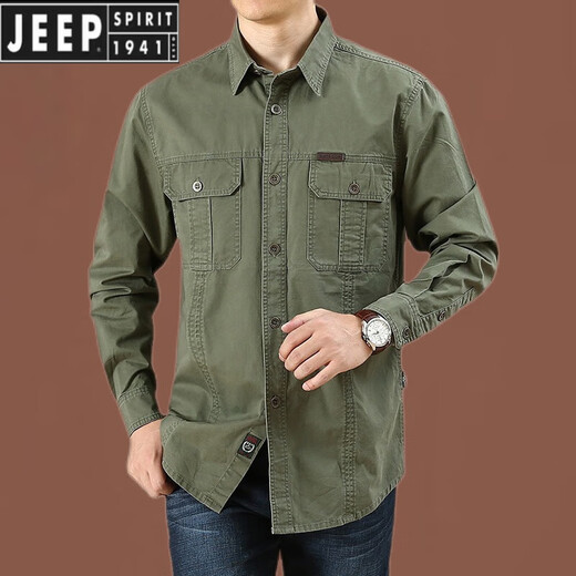 JEEP SPIRIT Jeep Men's Pure Cotton Long-Sleeved Shirt Spring and Autumn New Outdoor Workwear Casual Double Pocket Loose Large Size Shirt Military Green 1388 2XL