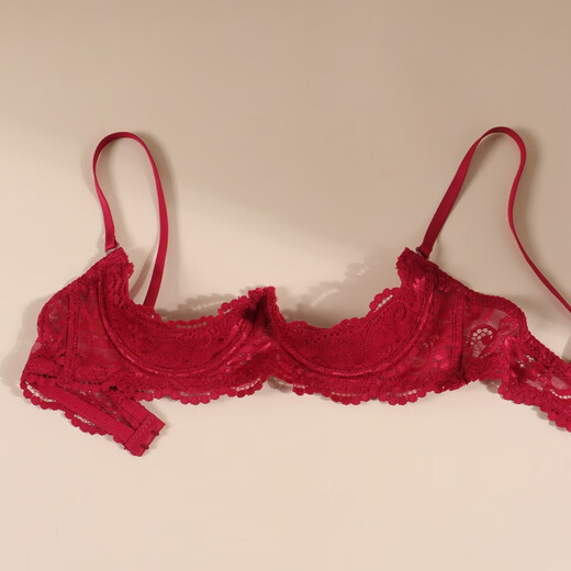 Victoria's style quarter bra, half cup lace sexy suit, underwired small breasts, hollow sexy underwear, red-suit S