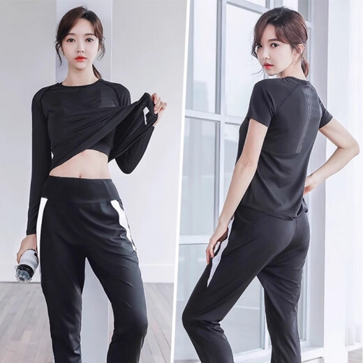 Nobana fitness sports suit Pilates women's loose long-sleeved sports running quick-drying clothing breathable yoga practice clothing purple short-sleeved + purple trousers M