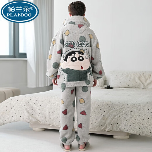 Palando Crayon Shin-Shikong Koralle Velvet Herren-Pyjamas für Herbst- und Winterstudenten, große Größe plus Samt verdickte Hauskleidung für junge Menschen XQ-9928 kleiner Größe M (geeignet für Größe ca. 155 cm, Gewicht 8