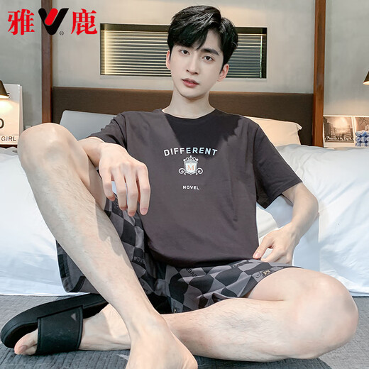 
Yalu high-end pajamas for men in summer pure cotton thin shorts for casual men's extra size cool home clothes 9928 L [100-120Jin[Jin equals 0.5 kg]]