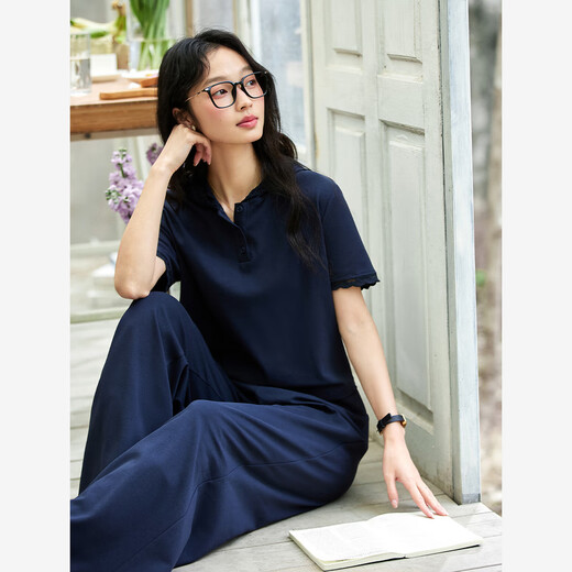 梵希蔓藏青色休闲通勤运动套装女2025夏新款连帽上衣阔腿裤两件套 A1579 藏青色 S