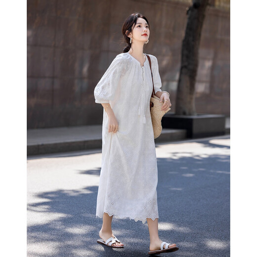Demana [Fresh Pure Cotton] Spring and Autumn Water-soluble Lace Embroidered Tea Skirt Tassel Cotton Rope Ruffled Women's Dress