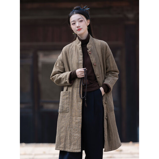 
German quality Zen clothing cotton linen cotton clothing for women in winter Buddhist Zen women's clothing for lay Buddhist clothing for women Chinese cotton jacket mid-length robe Tea brown (ticket dye) cotton coat + bronze black plus velvet pants 6191# All size