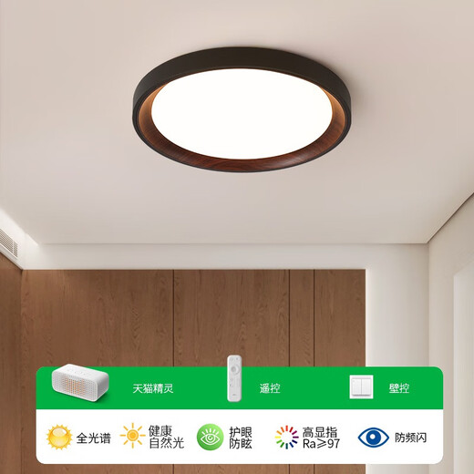 卧室灯吸顶灯复古南瓜灯中古风书房灯儿童房主卧胡桃木色灯具 48W 3891-黑色50CM-三色变光48W