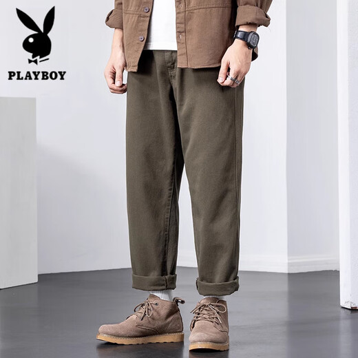 
Playboy (PLAYBOY) casual pants for men's loose trendy brand Spring and Autumn 2025 new style work trousers pure cotton straight pants high-end 1098 military green M suitable for 100-125 Jin [Jin equals 0.5 kg]