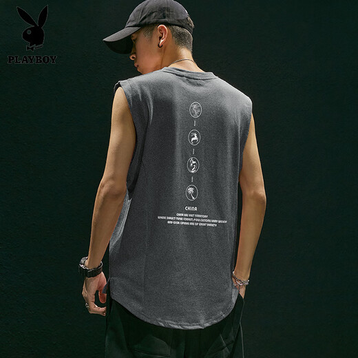 花花公子（PLAYBOY）纯棉潮牌外穿背心男士夏季美式复古无袖t恤时尚百搭痞帅坎肩宽松 BX1098黑色 S (偏大一码)