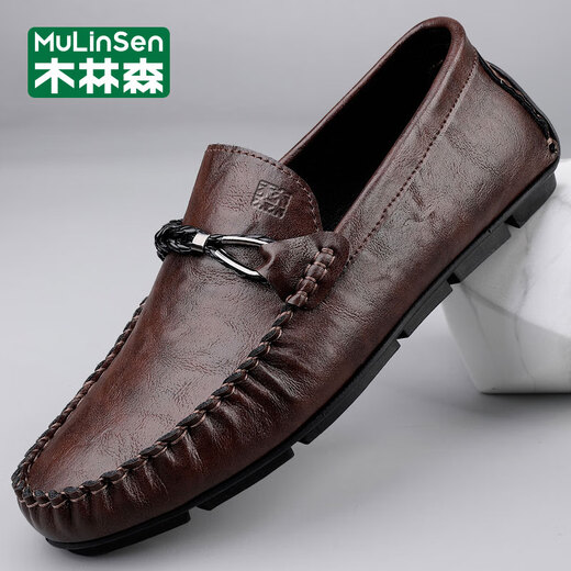 木林森（MULINSEN）休闲皮鞋男真皮软面豆豆鞋春秋季透气软底一脚蹬懒人鞋驾车爸爸鞋 DY-HHW9913黑色 38