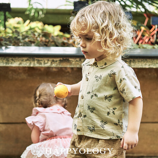 Happyology British children's new spring and summer boys' small lapel short-sleeved shirt girls' shirt shorts set Blueberry Pine Orchard-Blue and White (Shorts) 92 (92cm)