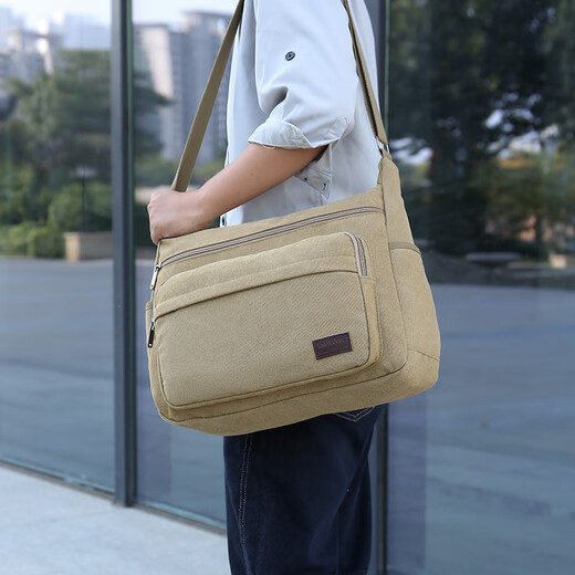 Vinoa men's canvas bag single shoulder crossbody bag multi-layer large capacity labor protection tool bag electrician tool bag durable business trip bag extra large military green