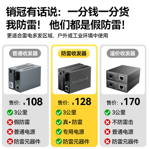 山泽【防雷防浪涌】千兆单模单纤光纤收发器 光电转换器 电信级SC接口自适应3KM 一对装 SZ-FCQ03AB