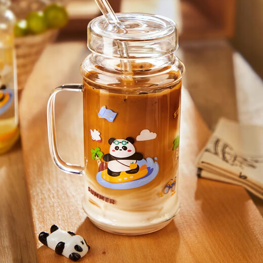 美杜高颜值玻璃杯吸管杯1050ml大容量夏季冷饮水杯咖啡杯果汁杯牛奶杯 熊猫吸管玻璃杯【1050ml】