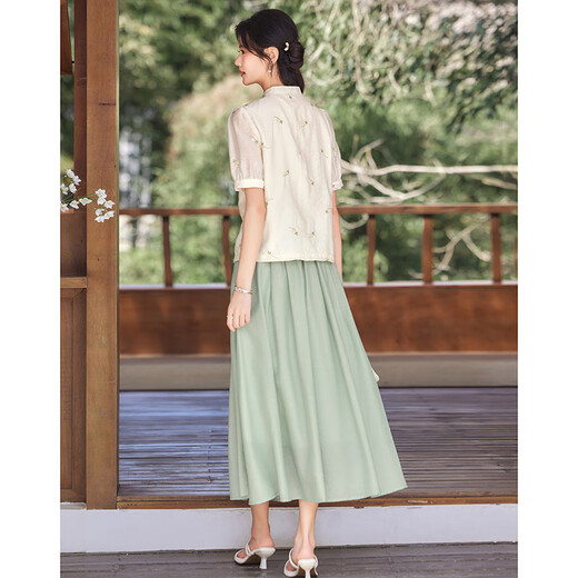 Lost Time 2025 New Summer Stand-up Collar Button Elegant New Chinese Design Niche Fashion Suit 33 Green S