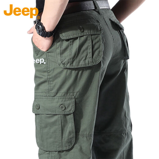 JEEP overalls men's loose autumn and winter straight casual pants multi-pocket versatile men's pants grass green 32
