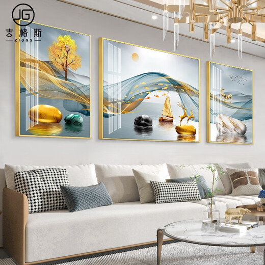 现代简约客厅装饰画沙发背景墙壁画大气轻奢三联画挂画镶钻晶瓷 HJ-3893-一帆风顺 两边40*60中间80*60尊贵黑框镶