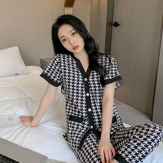 夏天睡衣女短袖长裤薄款开衫空调服宽松大码家居服女士套装可外穿 QDM【Y867-2#】黑色千鸟格 2XL